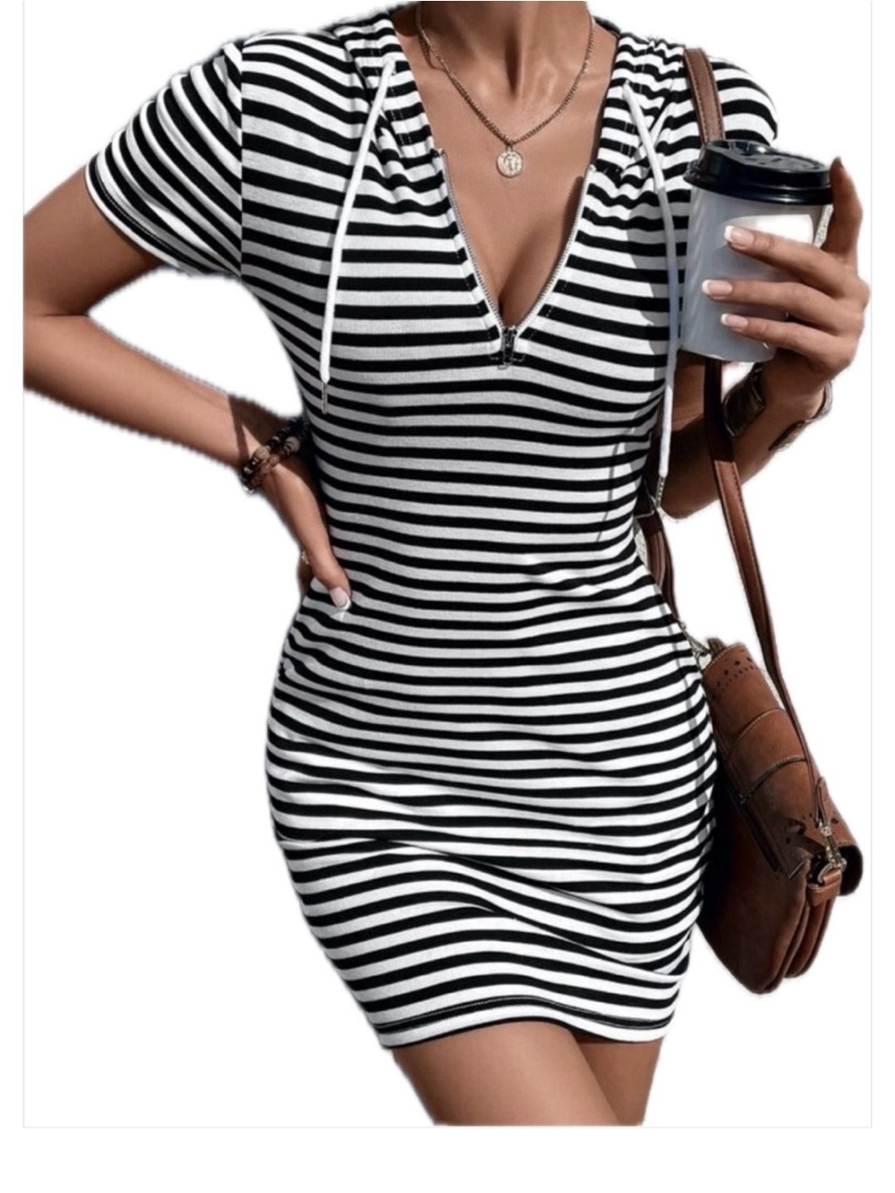 T-shirt Dress with Hood and Front Zipper